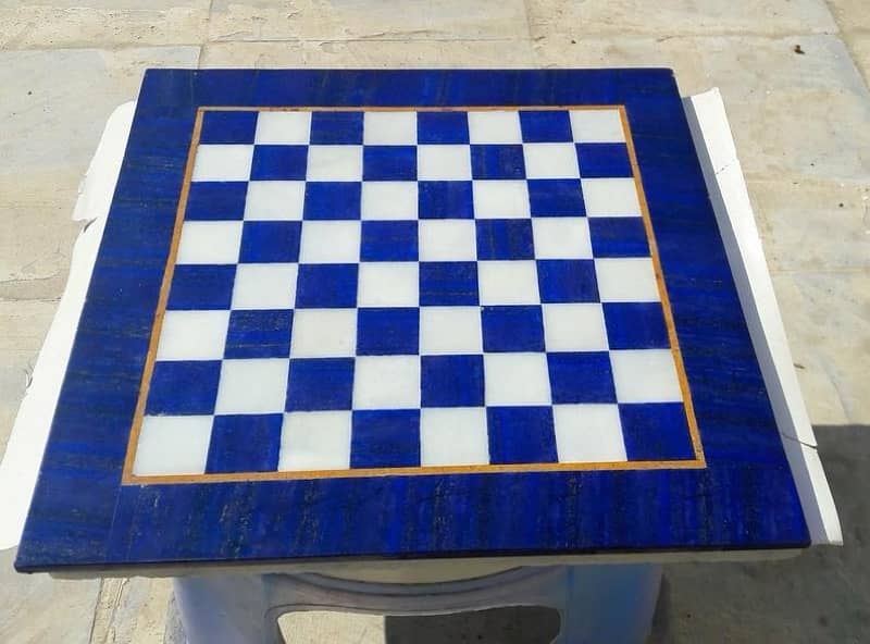 Natural Handmade Blue Lapis Lazuli & Marble Chessboard With 32 Players 1