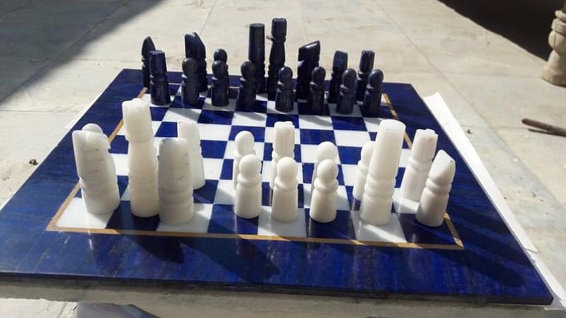 Natural Handmade Blue Lapis Lazuli & Marble Chessboard With 32 Players 2