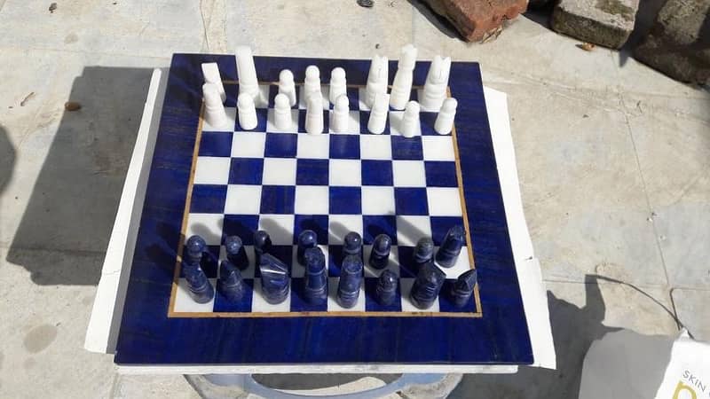 Natural Handmade Blue Lapis Lazuli & Marble Chessboard With 32 Players 5