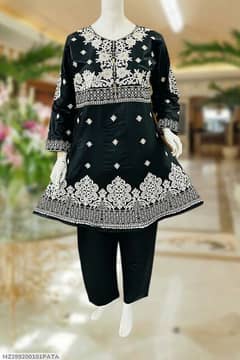 2 Pcs Women's Stitched Chikankari Embroidered Shirt And Trouser