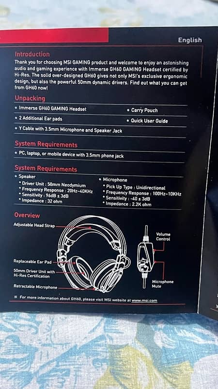 MSI Immerse GH60 Gaming Headset Brand new 6