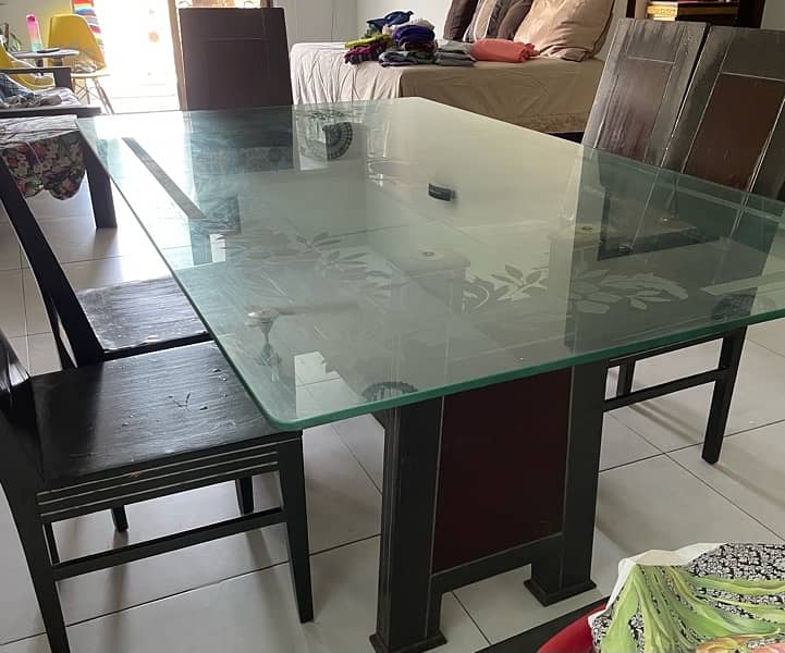 6 chairs wooden dinning table with glass top 1