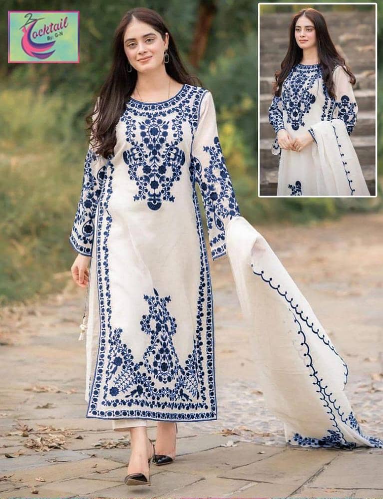 3 Pcs Women's Stitched Organza Embroidered Suit 3