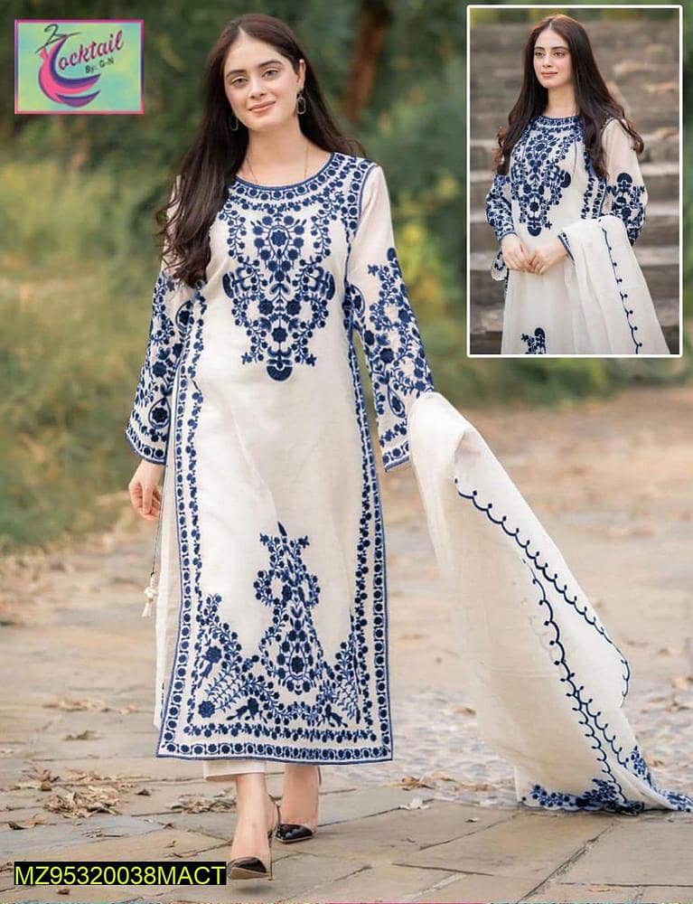 3 Pcs Women's Stitched Organza Embroidered Suit 4