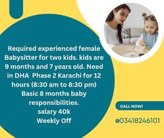 Need experienced female Babysitter for two kids in DHA Phase 2 Karachi