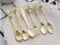 6 fancy golden dinner and 6 mini dessert spoons with stand