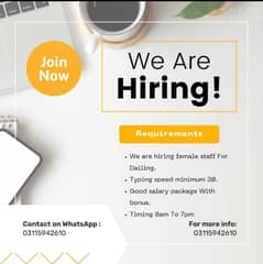 We are hiring female staff for Dailing