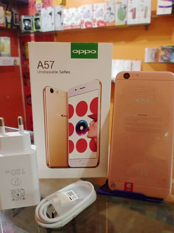 oppo A57 (4/64) Ram full new with box and charger lush condition 0