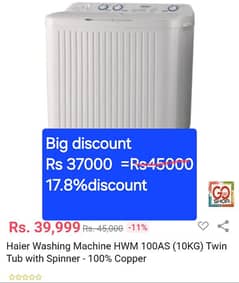 Haier TWIN-TUB WASHING MACHINE  HWM 100-AS,10kg Gear system technology