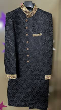 Black self embossed embroidery sherwani