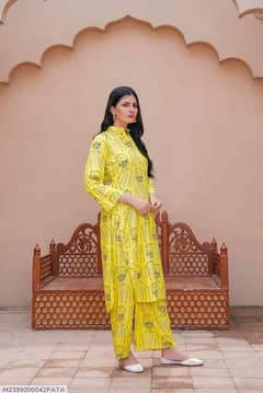 2 Pcs Women's Stitched Linen Block Printed Shirt And Trouser 0