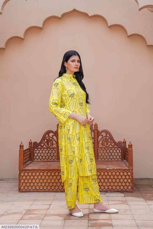 2 Pcs Women's Stitched Linen Block Printed Shirt And Trouser 0