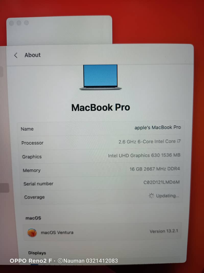 MacBook Pro2019,Core i7,16GB RAM,512GB SSD,16"Disply,4GB AMD Radeon 8