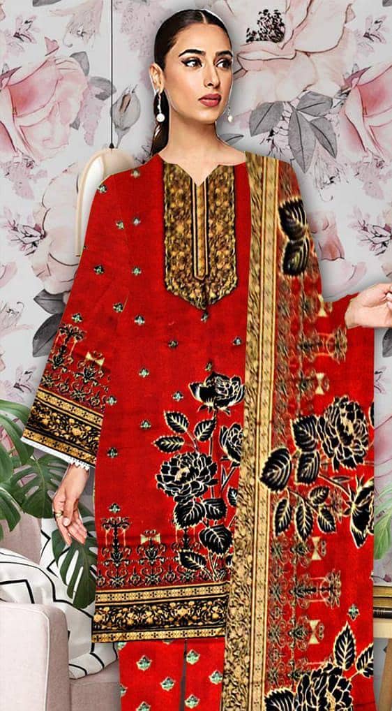 3 pcs women's unstitched Linen Digital print suit 3