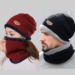 2pc Winter Cap Beanie Hat Cap Neck Warmer Scarf Set Fleece Lined Skull