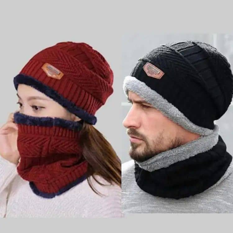 2pc Winter Cap Beanie Hat Cap Neck Warmer Scarf Set Fleece Lined Skull 0