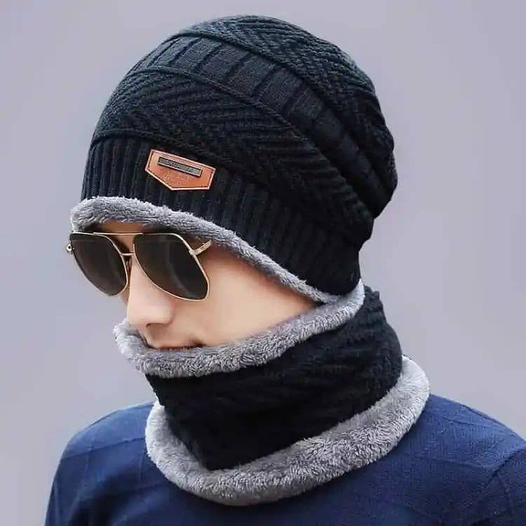 2pc Winter Cap Beanie Hat Cap Neck Warmer Scarf Set Fleece Lined Skull 1