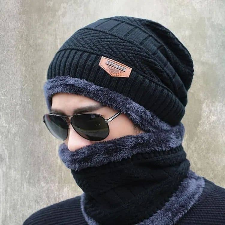 2pc Winter Cap Beanie Hat Cap Neck Warmer Scarf Set Fleece Lined Skull 2