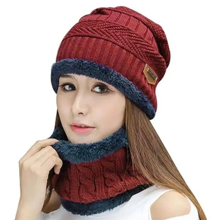 2pc Winter Cap Beanie Hat Cap Neck Warmer Scarf Set Fleece Lined Skull 5