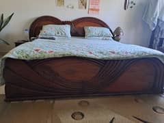 pure  wood king bed with side tables and show case