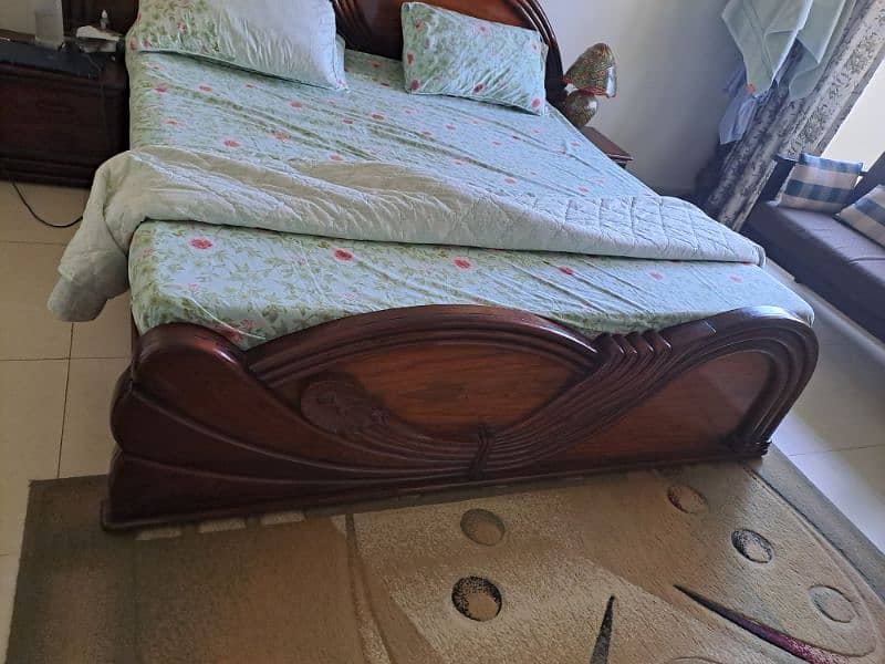 pure  wood king bed with side tables and show case 6