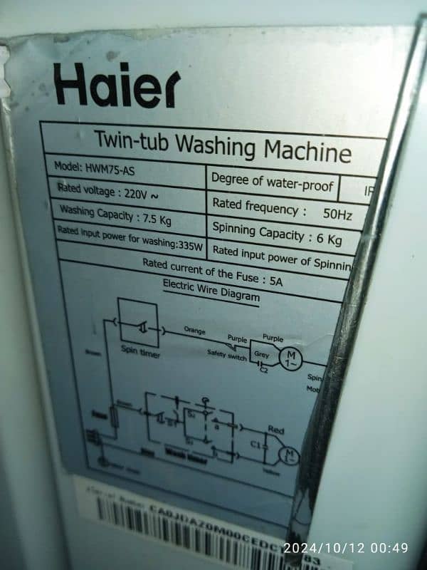 Haier washing machine Twin tub Model Number 5