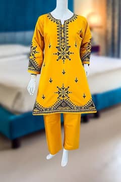 2psc woman stitched linen chinkari embroidered frock and trouser