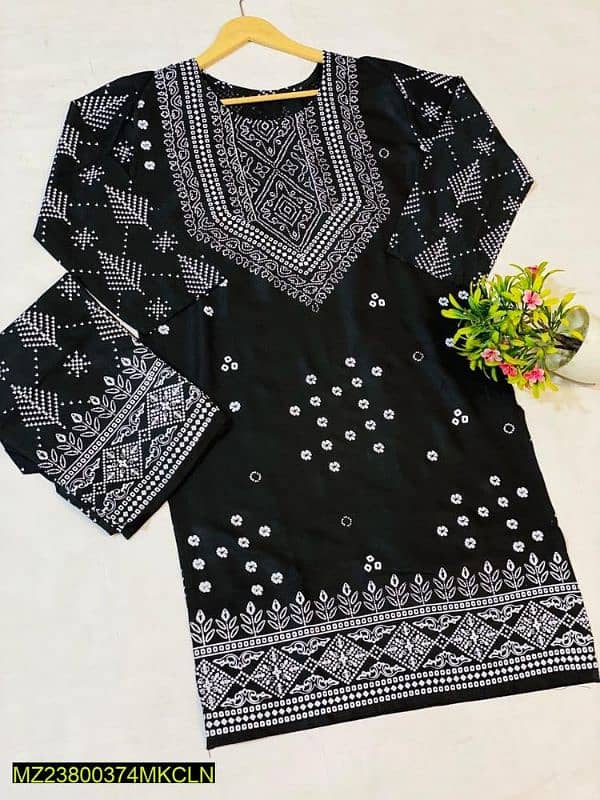 2 Pcs Women's Stitched linen printed suit 3