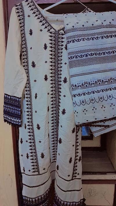 3 pc stiched pret wear heavy embroided long shirt khaddi net