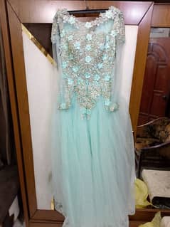 long frock with golden embroidery sky blue color with dupatta & inner