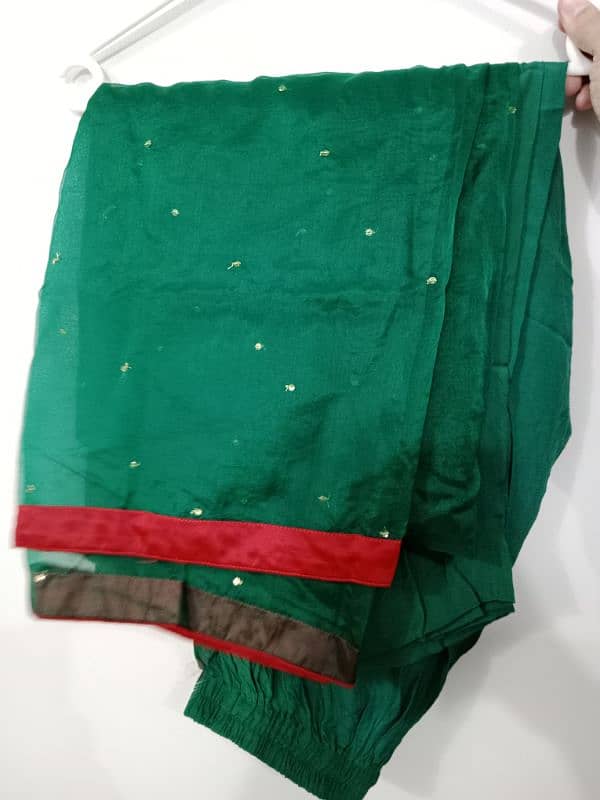 Bottle green long shirt with shalwar and organza dupatta 2