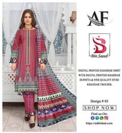 3 Pcs Women 's  Unstitched Khaddar Print Suit.