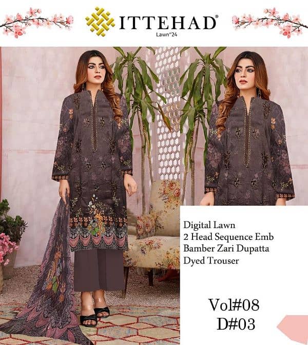 3 Pcs Women's Unstitched Lawn Embroidered Suit 2