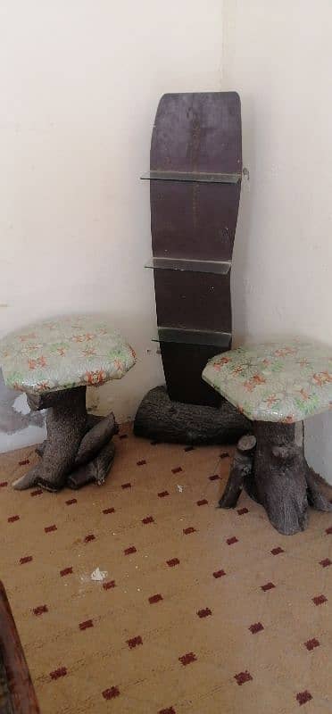 2 unique style wood stools nd 1 corner stand. 1