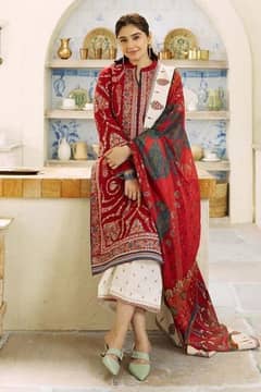 3 piece women's unstitched Dhanak embroidered suit