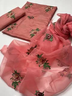 3 Pcs Women Unstitched Raw silk Embroidered Suit 0