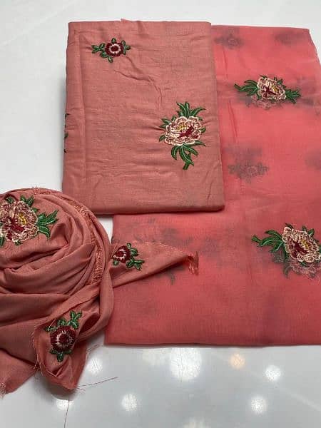 3 Pcs Women Unstitched Raw silk Embroidered Suit 3