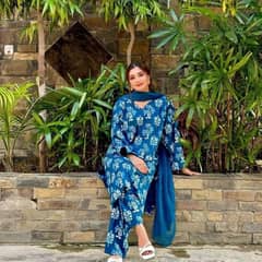 2 Pcs Woman's Stitched Linen Block Printed Shirt And Trouser