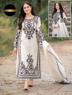 3 PCs woman's stitched organza embroidered suit