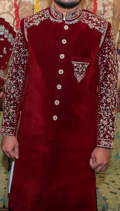 Red Sherwani with Aitchison Kulla & Khussa