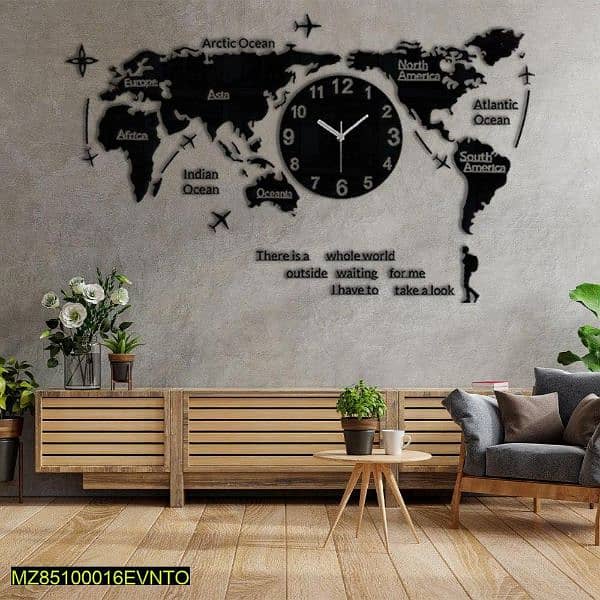 world map design MDF wall clock 0