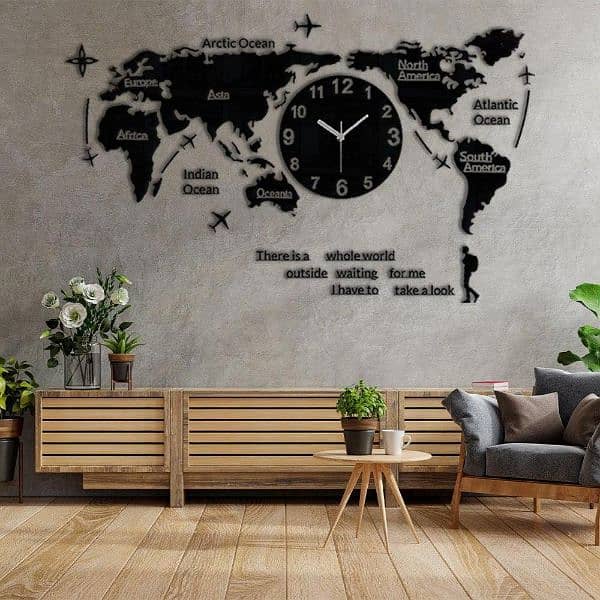 world map design MDF wall clock 1