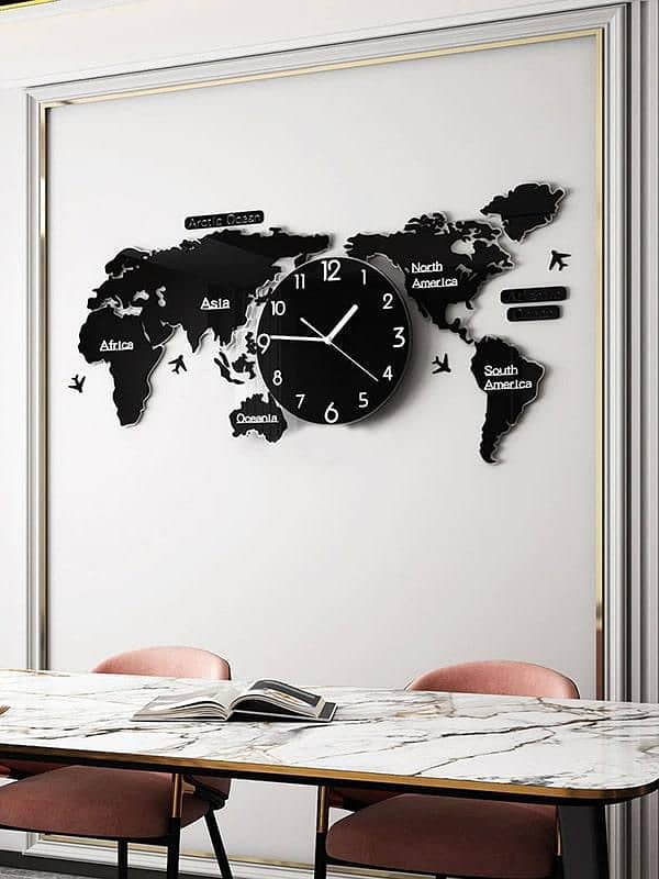 world map design MDF wall clock 3