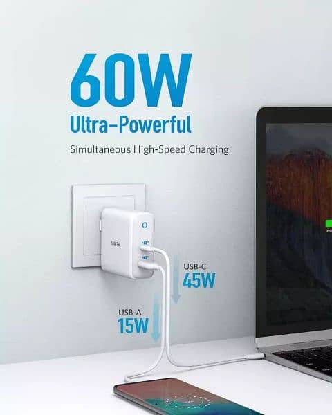 ANKER 60 watt charger 2 Port Charger 60W Total – 45W USB C & 15W 3