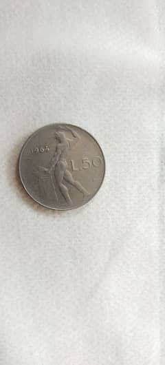 Vintage L 50 Italian Coin L. 50 Lira Lire Republica Italiana/ 1964 Coin 0