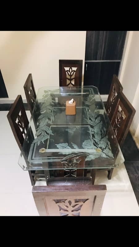 6 Chairs Dining Table Glass Top Wooden Base 0