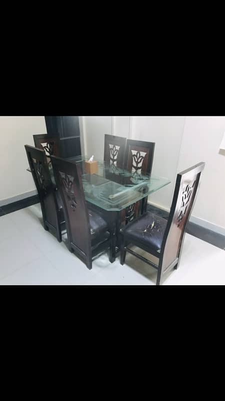 6 Chairs Dining Table Glass Top Wooden Base 1