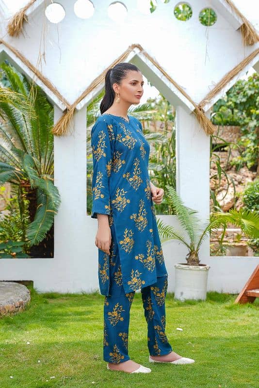 2 Pcs Women's Stitched Linen Block Printed Shirt And Trouser 4