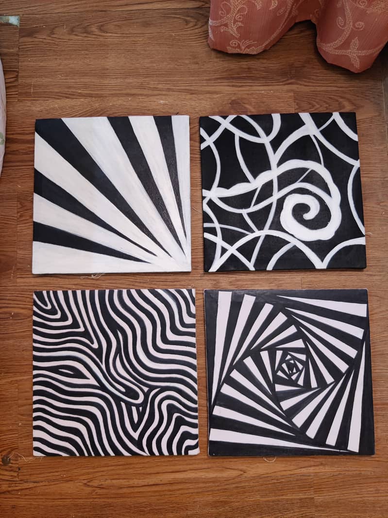 Stunning Black & White Abstract Pattern Paintings (Set of 4) - Karachi 0