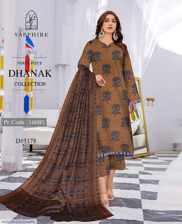 3 Pcs Women's Unstitched Dhanak Digital Print Suit 0